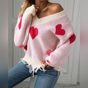 V-neck Heart Sweater Fringed NWT Women's Size Large 8/10